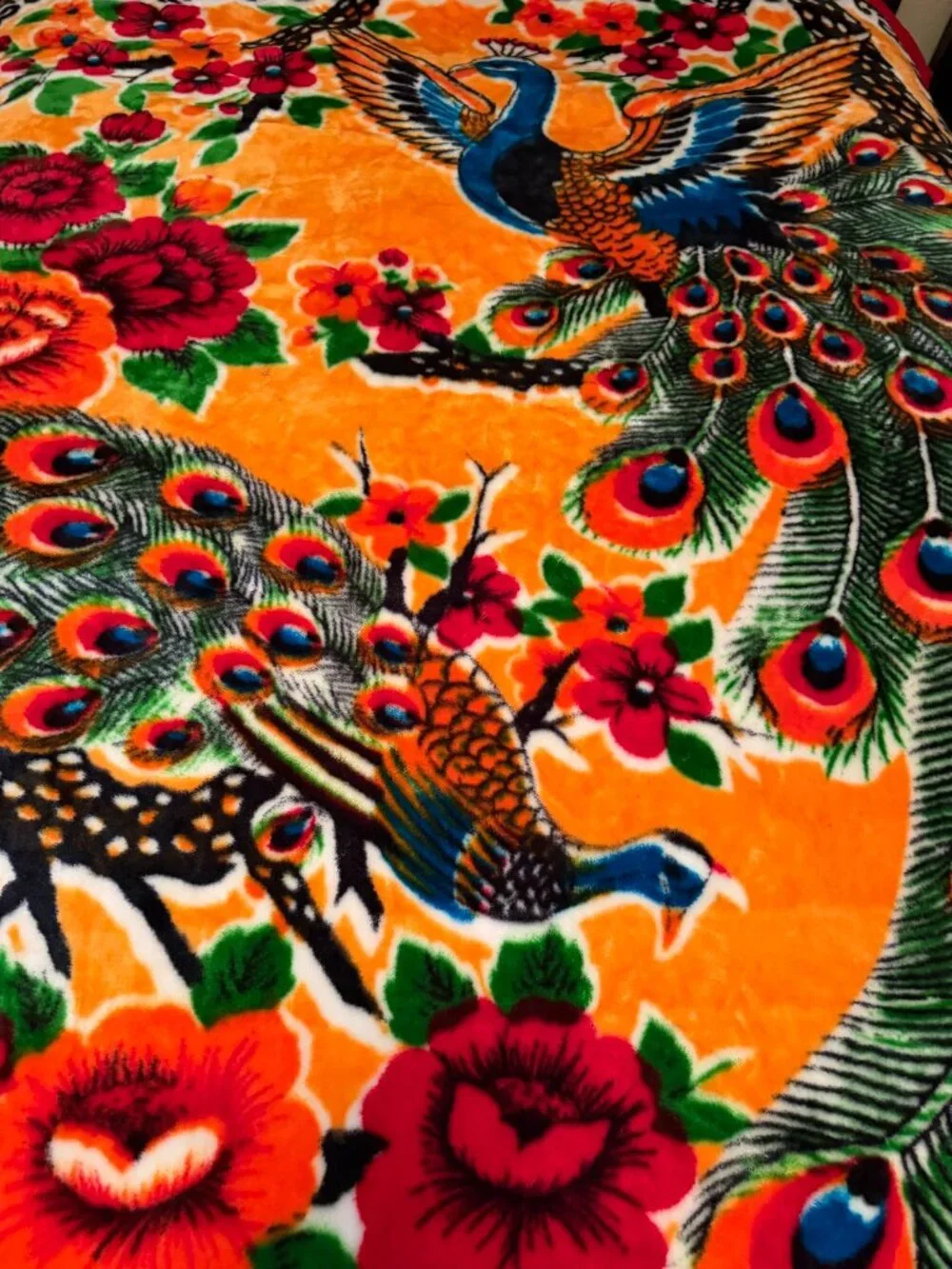 Vintage Korean Mink Blanket Reversible Peacock & Roses 200x240cm Heavy Plush